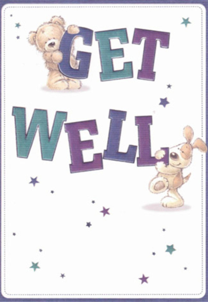 Celebrating gentle encouragement through artful design, this get well card reflects the supportive heart of Beaconsfield. A friendly illustration of a bear and puppy sits centre stage, surrounded by whimsically scattered stars that suggest a shower of well wishes flowing out toward the recipient. The large, confident letters shaded in purple and aqua ground the composition and mirror the lively optimism often seen in Beaconsfield's vibrant floral boutiques along Penn Road. The textures are so richly rendered-the bear's fur invitingly soft, the puppy's velvety ears seeming almost touchable-that it's easy to imagine sharing in their comfort. The pale, airy background heightens a sense of clarity and ease, akin to a stroll through the green of Beaconsfield Common. Receiving this thoughtfully illustrated card, perhaps with a bouquet arranged by Flowers Beaconsfield, would surely brighten anyone's road to recovery, providing tangible reassurance that joy and care are never far away.